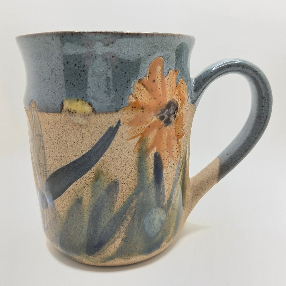 Vtg Sunflower Floral Dragonfly Studio Pottery Mug Signed 11 Oz Cottage Gifts
